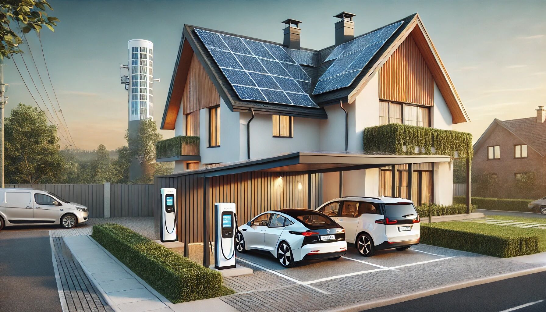 Maison avec panneaux solaires et borne de recharge
